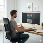 Obraz pokazujący grafika komputerowego pracującego przy kolorystyce strony internetowej