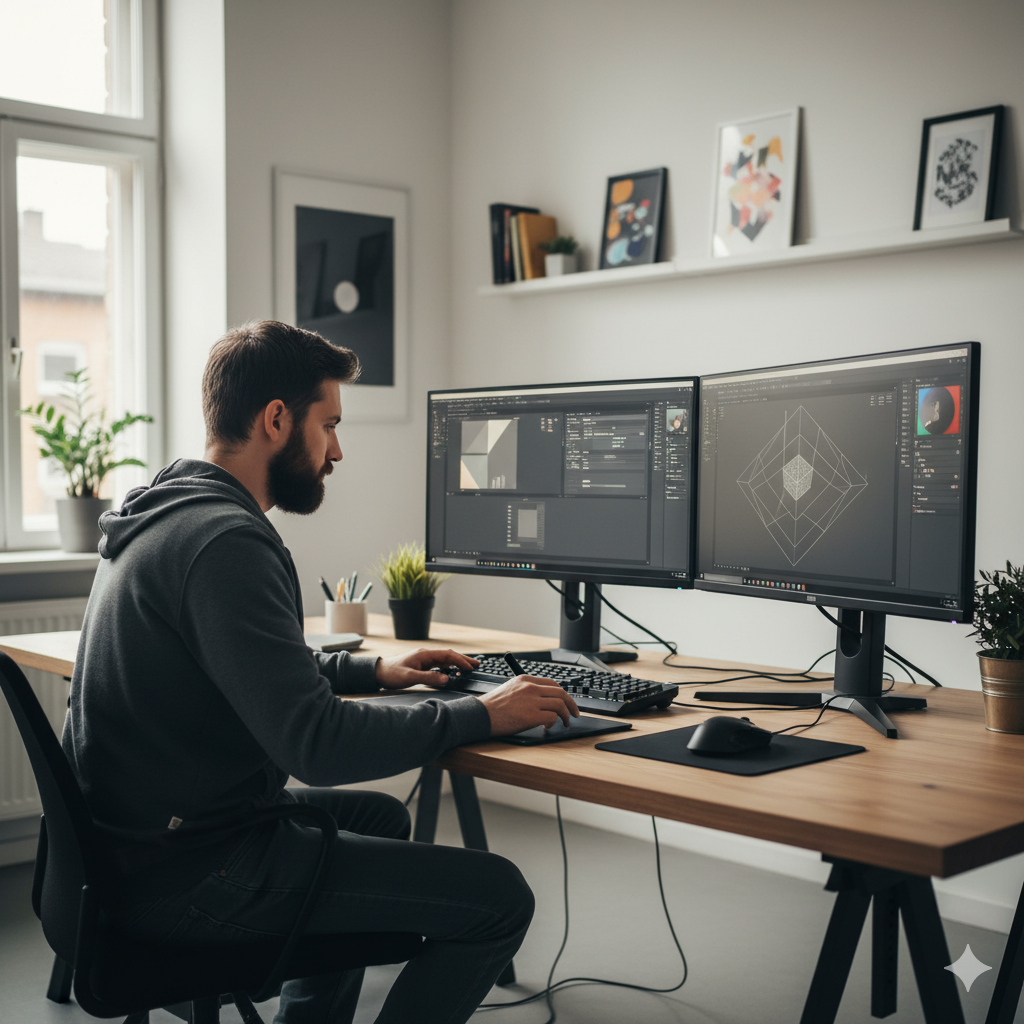 Obraz pokazujący grafika komputerowego pracującego przy komputerze