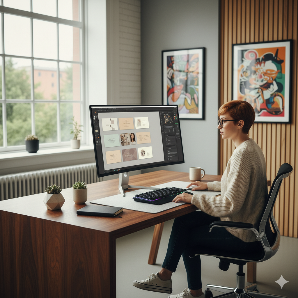 Obraz pokazujący graficzkę komputerową pracującą przy projektowaniu wizytówek