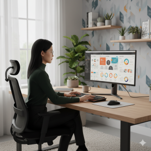 Obraz pokazujący graficzkę komputerową pracującą przy infografice