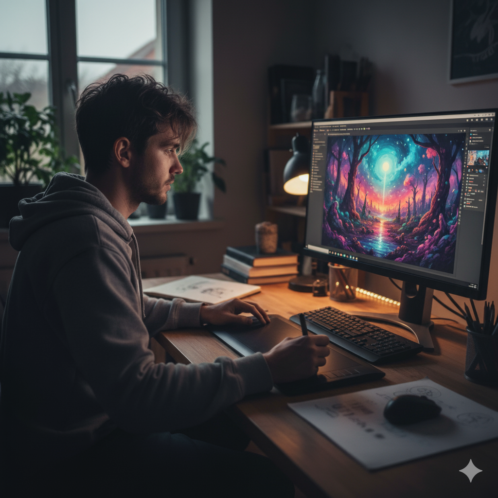 Obraz pokazujący grafika komputerowego pracującego przy grafice artystycznej