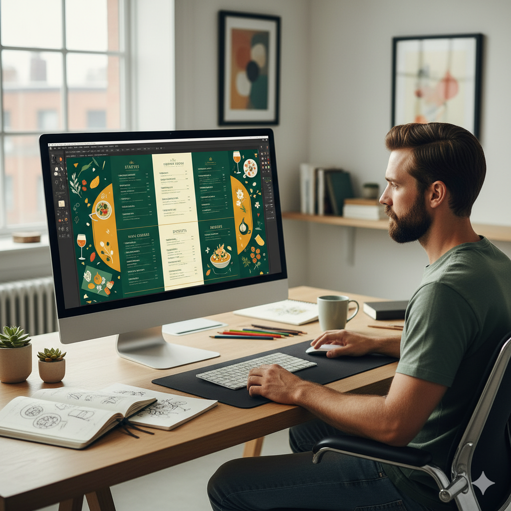 Obraz pokazujący grafika komputerowego pracującego przy projektowaniu ciekawych menu restauracji
